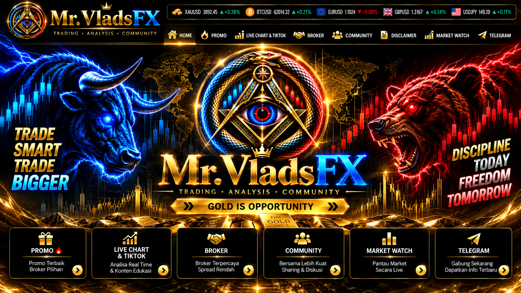 Mr. VladsFX — landing page bertema trading hitam dan emas dengan bull biru, bear merah, logo di tengah, market watch dan menu navigasi